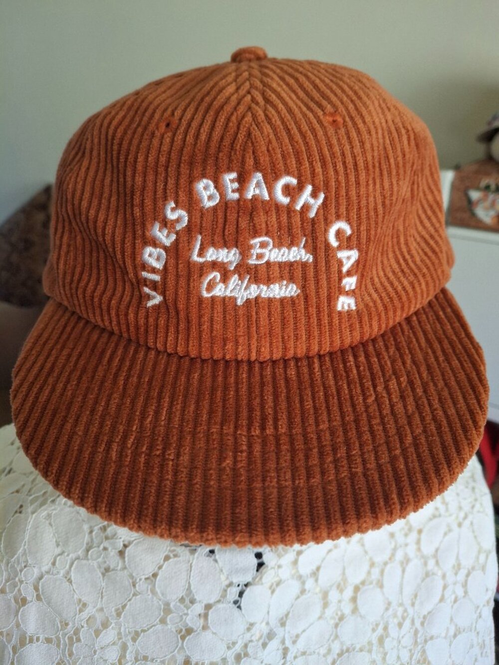 Vintage "VIBES BEACH CAFE" Corduroy Baseball Cap, Rust, Embroidered